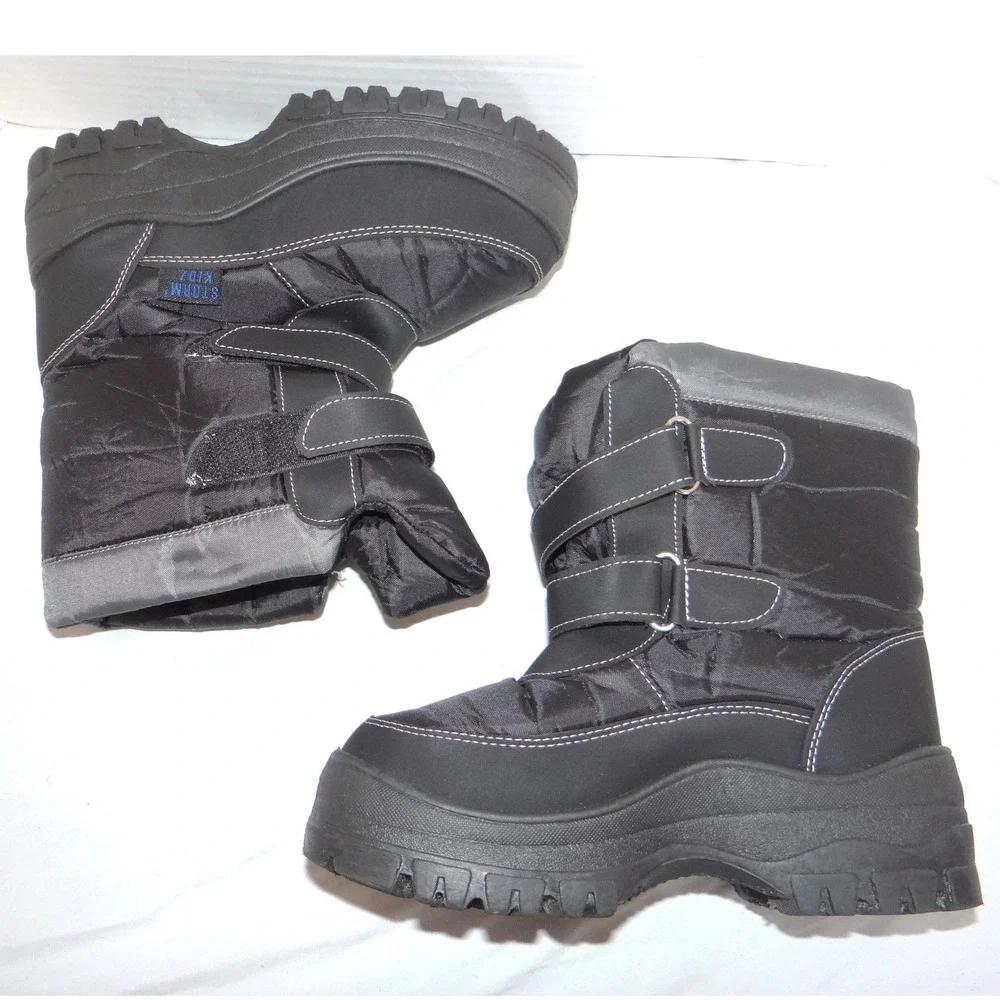 Storm Kidz Black Snow‎ Boots Big Kid 3 Double Strap Platform Winter Shoes